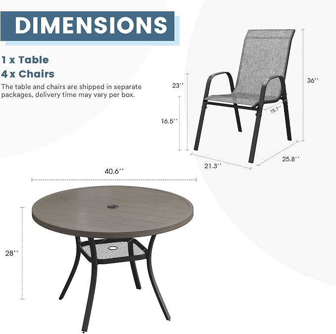 DIFY 5 Piece Outdoor Dining Set, 40" Grey Wood-Like Round Metal Patio Table and Grey Textilene Stackable Chairs for 4, All Weather Patio Furniture Set with Umbrella Hole for Backyard Garden Deck