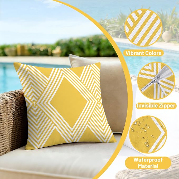 NIGHTWISH Outdoor Waterproof Pillow Covers 16x16 Set of 4 Yellow and White Modern Geometry Decorative Outdoor Throw Pillows Boho Cushion Cases for Patio Furniture Bench Couch Sunbrella