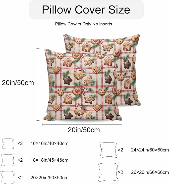 Outdoor Waterproof Throw Pillow Covers, Christmas Cartoon Gingerbread Man Plaid Candy Canes Pine Leaves House Pillowcases Cushion Covers Cases for Patio Couch Bench, Pack of 2 Square, 16X16 Inch