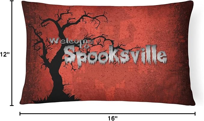 Caroline's Treasures SB3008PW1216 Welcome to Spooksville Halloween Canvas Fabric Decorative Pillow 100% Machine Washable Pillow, Indoor or Outdoor Decorative Throw Pillow for Couch, Bed or Patio