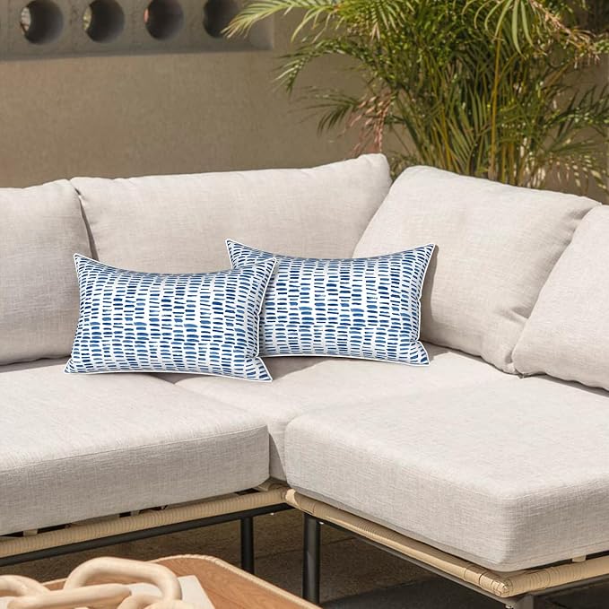 LVTXIII Set of 2 Outdoor Lumbar Pillows for Patio Furniture with White Piping, 12"x20" Fade Resistant Patio Lumbar Pillows with Inserts for Home Coach Sofa Use, A Pebble Blue