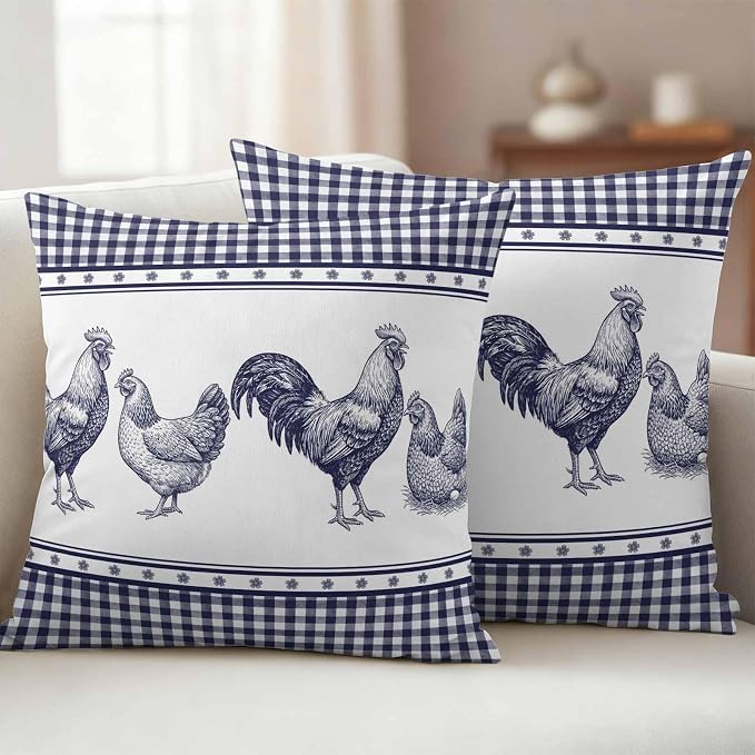 Navy Blue Rooster Outdoor Pillow Covers Waterproof, All Weather Cushion Case Set of 2, Vintage Farmhouse Blue Plaid Decorative Pillowcases for Sofa Couch Bed Decor Patio Furniture 20"x20"