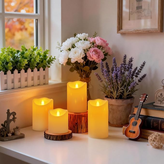 Outdoor Indoor Flameless Candles, Patented 3D Dual-LED, Set of 3 Slanted Top Durable Plastic Pillars with Remote, Table Centerpiece for Living Room Shelf, Non-Melting Battery Candles (Ivory)