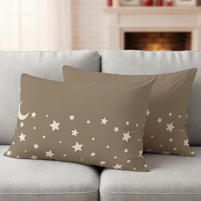 Stars Moon Waterproof Outdoor Pillow Covers Set of 2 Home Decor, Starry Night Khaki Lumbar Pillowcase Patio Pillow Covers for Couch Bench Patio Furniture Garden 20x12in