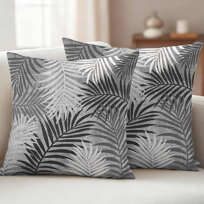 Outdoor Waterproof Throw Pillow Covers, Grey Palm Leaves Decorative Pillow Cases, Summer Botanical Tropical Leaf Couch Pillow Protector Patio Sofa Cushion Covers Replacement 24"x24" 2 Pack