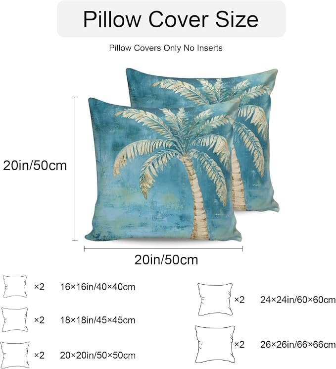 Coastal Beach Tree Teal Blue Outdoor Waterproof Pillow Covers, Vintage Summer Palm Tree Decorative Square Throw Pillowcase, Tropical Botanical Sofa Cushion Sham for Patio/Couch/Chair, 24"x24" 2 Pack