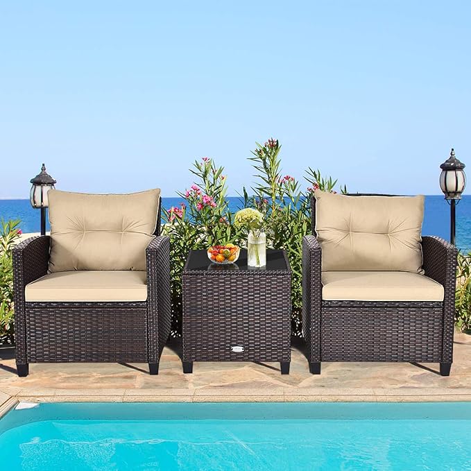 ARLIME 3 Piece Outdoor Patio Furniture Set, All-Weather PE Rattan Wicker Sofa Set w/Removable & Washable Cushion, Modern Conversation Sofa for Garden, Balcony, Swimming Pool, Patio (Beige)