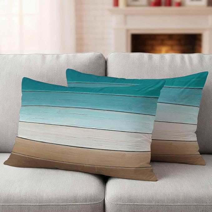 Teal Brown Outdoor Pillow Covers 20x12 Inch Lumbar Pillow Covers Set of 2 Waterproof Decorative Throw Pillow Cases Rustic Vintage Abstract Ombre Wooden Plank Cushion Covers for Patio Furniture Garden