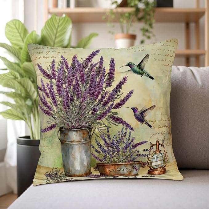 Lavender Pillow Covers Purple Flower Rustic Pillow Covers 16x16 Set of 2 Lavender Hummingbird Pillow Case Spring Vintage Cotton Linen Cushion Case for Garden Farmhouse Patio
