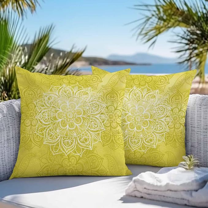 Vandarllin Outdoor Throw Pillows Covers 18x18 inch Set of 2 Waterproof Yellow Boho Floral Decorative Zippered Cushion Covers for Patio Furniture, Bohemian Flower Lumbar Pillowcases