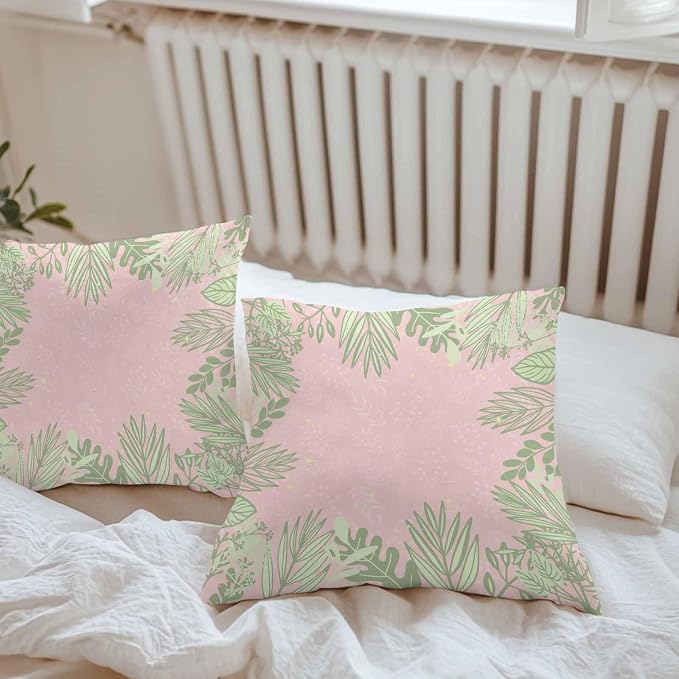 Vandarllin Outdoor Throw Pillows Covers 18x18 inch Set of 2 Waterproof Sage Green Leaves Decorative Zippered Cushion Covers for Patio Furniture, Spring Floral Plants Pink Lumbar Pillowcases