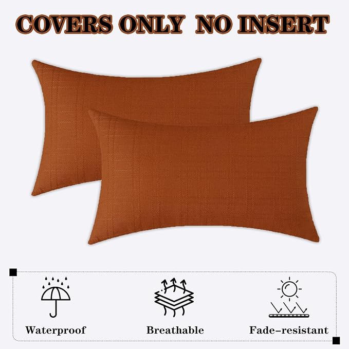 Kevin Textile Outdoor Waterproof 14”x24” Pillow Covers 2 Pack, Burnt Orange | Water Resistant, Soft Faux Linen-cotton Yarn-dyed Woven Texture Throw Pillow Covers for Tent Patio Garden Couch Sofa