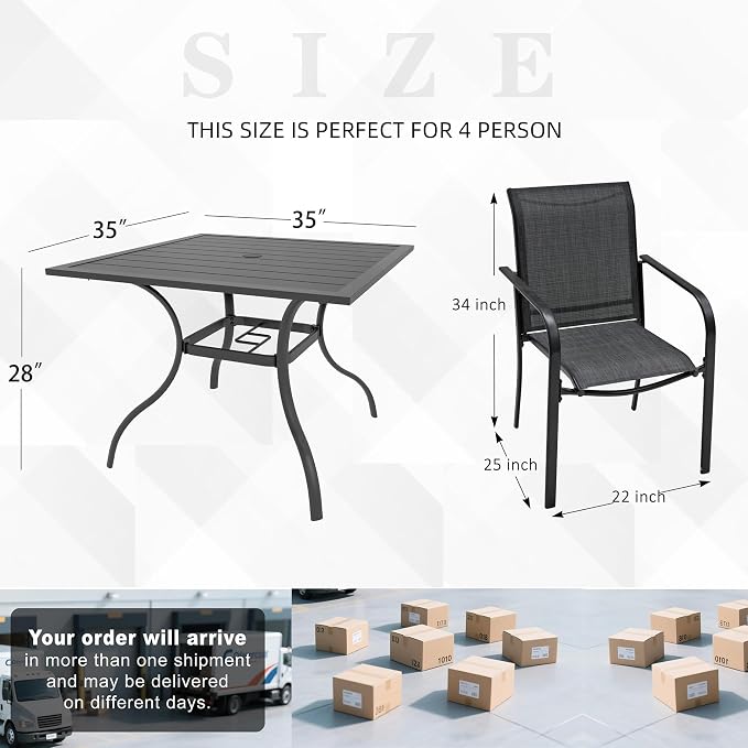 Outdoor Patio Dining Set 5 with 35" Square Table, Stackable DarkGrey Chairs