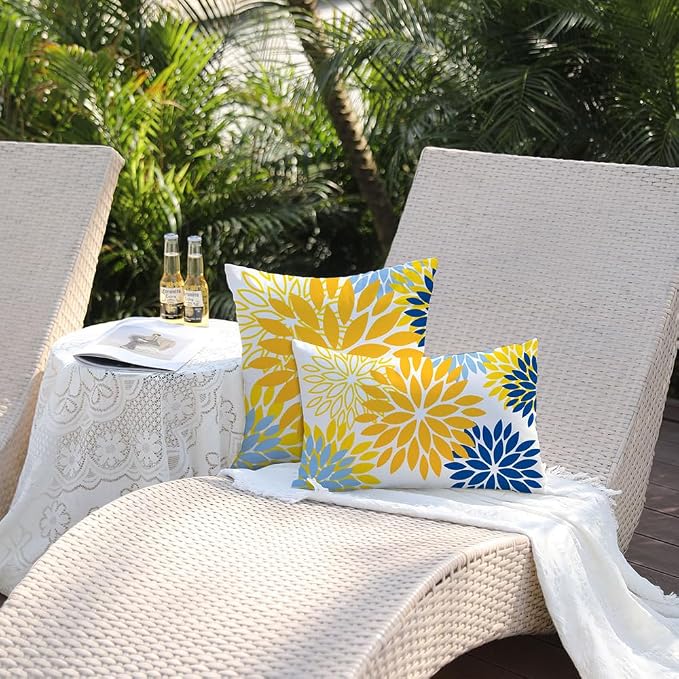 DFXSZ Outdoor Waterproof Pillow Covers 12x20 Set of 2 Yellow Blue Flower | Spring Summer Waterproof Flower Throw Pillowcases(No Inserts)Outdoor Decor for Patio Funiture Garden Polyester Covers