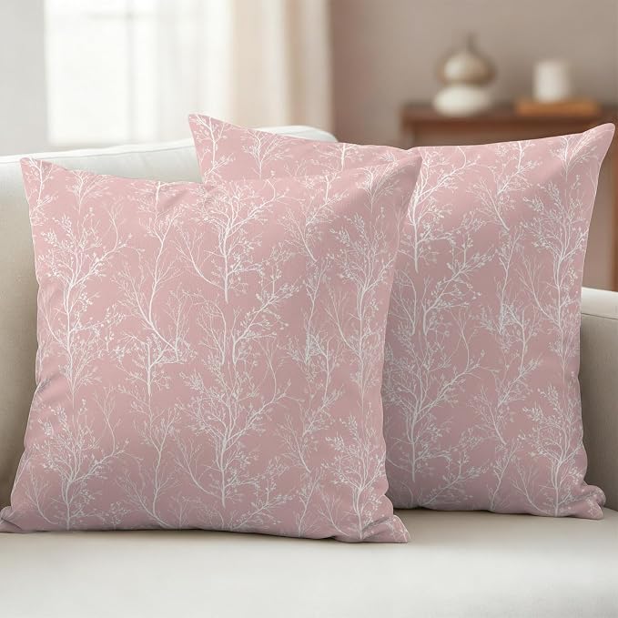 Pink Branches Waterproof Outdoor Pillow Covers Set of 2 Home Decor, Abstract Art Leaves Plant Pillowcase Patio Pillow Covers for Couch Bench Patio Furniture Garden 26x26in