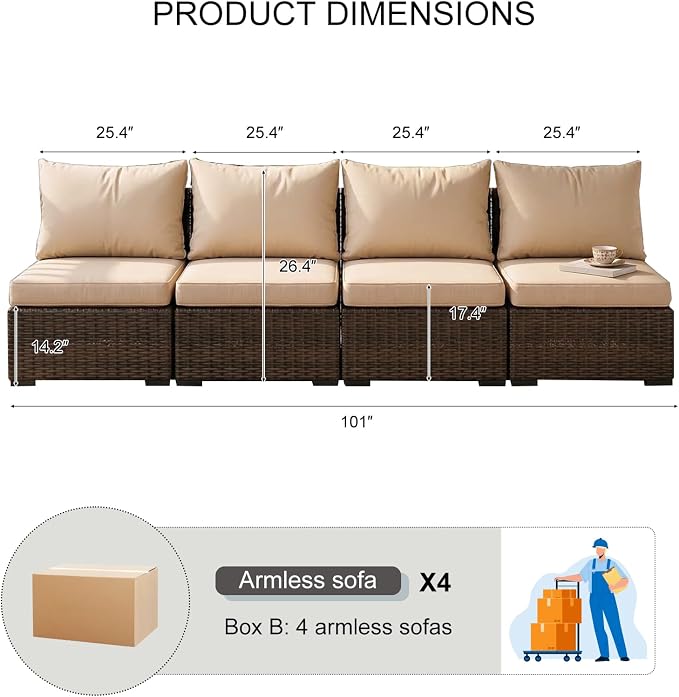4 Pieces Patio Furniture Set, Outdoor PE Rattan Sectional Sofa with Soft Cushions for Backyard, Porch, and Poolside (Beige, 4 PCS)