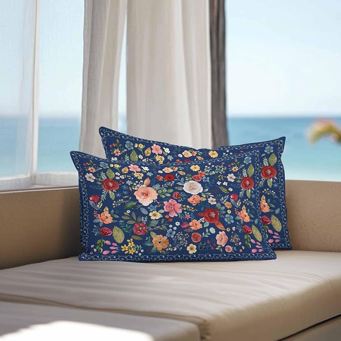 Vandarllin Outdoor Throw Pillows Covers 20x12 inch Set of 2 Waterproof Navy Blue Floral Decorative Zippered Cushion Covers for Patio Furniture, Farmhouse Vintage Flower Lumbar Pillowcases