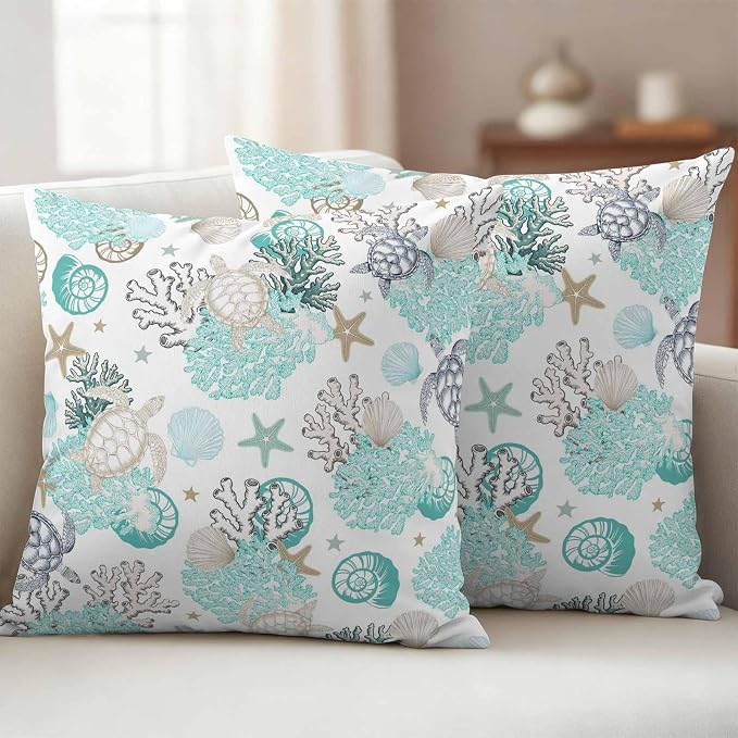 Summer Coastal Outdoor Throw Pillow Cover Ocean Sea Turtle Seaweed Waterproof Cushion Covers 2 Pack Teal Grey Abstract Art Pillow Cases Home Decoration for Patio Garden Couch Sofa 18x18In