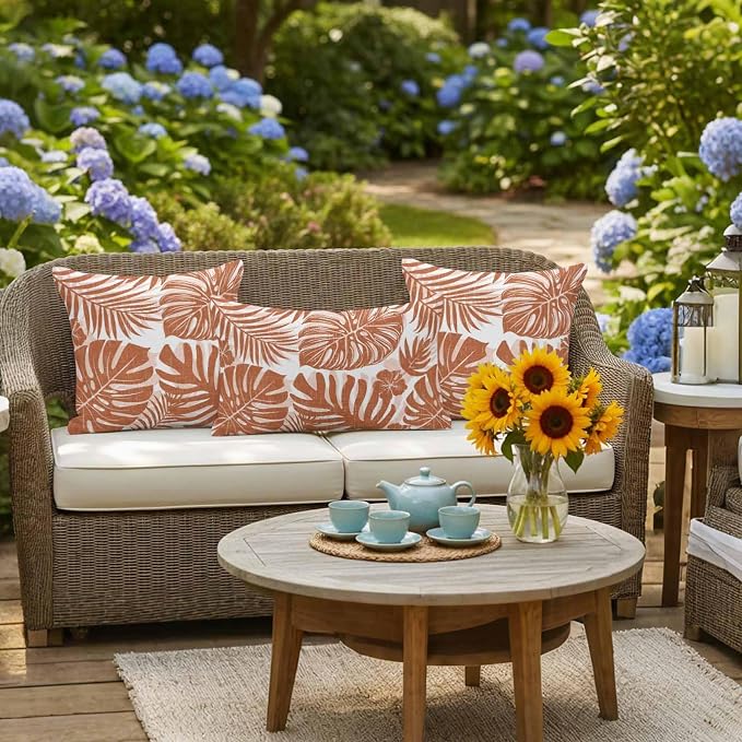 Burnt Orange Palm Leaves Outdoor Pillow Covers 18"x18" Set of 2, Tropical Botanical Minimalist Modern Waterproof Throw Pillow Covers for Patio Furniture, Decorative Cushion Covers for Porch