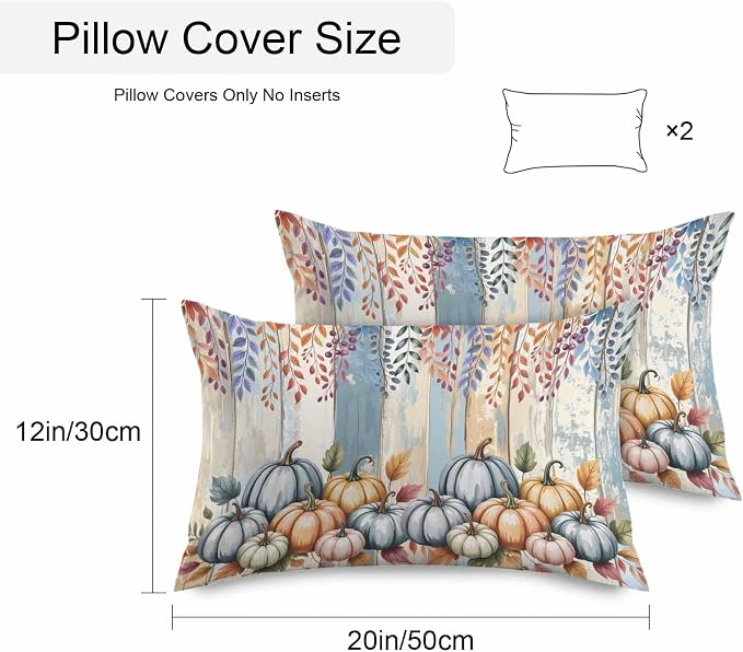 Orange Pumpkins Outdoor Waterproof Pillow Covers, Eucalyptus Leaves Wood Grain Country Rustic Decorative Rectangle Throw Pillowcase Sofa Cushion Sham for Patio/Couch/Chair, 20"x12" 2 Pack