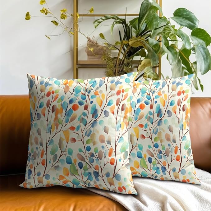 Boho Sage Floral Pillow Covers 16 x 16 Inches Set of 2,Colorful Botanical Flower Leaves Bohemian Cotton Linen Pillowcase for Sofa Couch Indoor Outdoor Party Home Decor