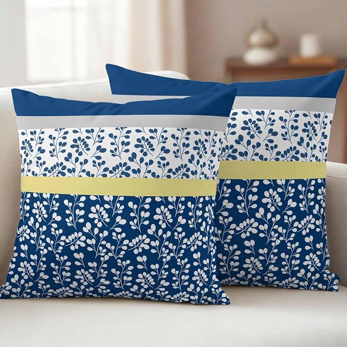 Blue Yellow Outdoor Pillow Covers 24x24 Inch Throw Pillow Covers Set of 2 Waterproof Decorative Pillow Cases Botanical Floral Motifs Wildflower Striped Cushion Covers for Patio Furniture Garden Couch