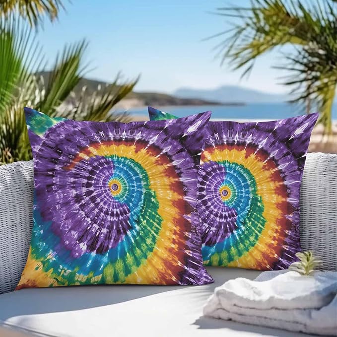 Vandarllin Outdoor Throw Pillows Covers 24x24 inch Set of 2 Waterproof Purple Tie-Dye Art Decorative Zippered Cushion Covers for Patio Furniture, Abstract Boho Tribe Lumbar Pillowcases