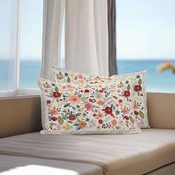 Vandarllin Outdoor Throw Pillows Covers 20x12 inch Set of 2 Waterproof Beige Floral Decorative Zippered Cushion Covers for Patio Furniture, Farmhouse Vintage Flower Lumbar Pillowcases