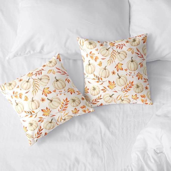 White Pumpkin Throw Pillow Covers Thanksgiving Fall Pillow Covers 22x22 Maple Leaf Pillow Cases Harvest Outdoor Cushion Cases for Home Farmhouse Garden Patio Porch 2 Pack