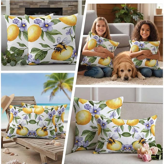 Summer Lemon Waterproof Outdoor Pillow Covers Set of 2 Home Decor, Watercolor Purple Spring Floral Bee Pillowcase Patio Pillow Covers for Couch Bench Furniture Garden 18x18in
