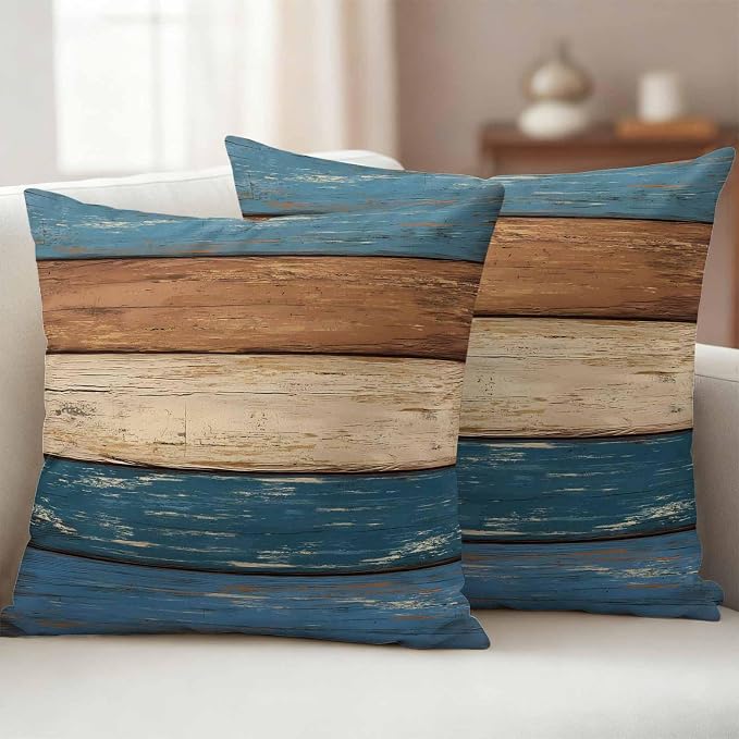 Farmhouse Navy Blue Brown Outdoor Waterproof Pillow Covers, Vintage Wooden Striped Decorative Square Throw Pillowcase Sofa Cushion Sham for Patio/Couch/Chair, 24"x24" 2 Pack