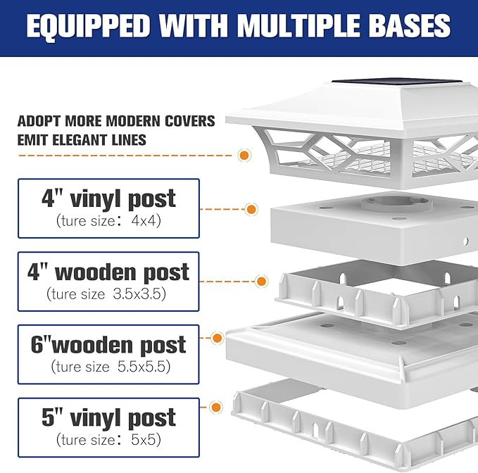 VOLISUN Solar Post Cap Lights: 2 - Pack Outdoor Deck Post Cap Lights White for Dock Fence Waterproof 2 Color Modes,4x4/6x6 Wooden/Vinyl Posts