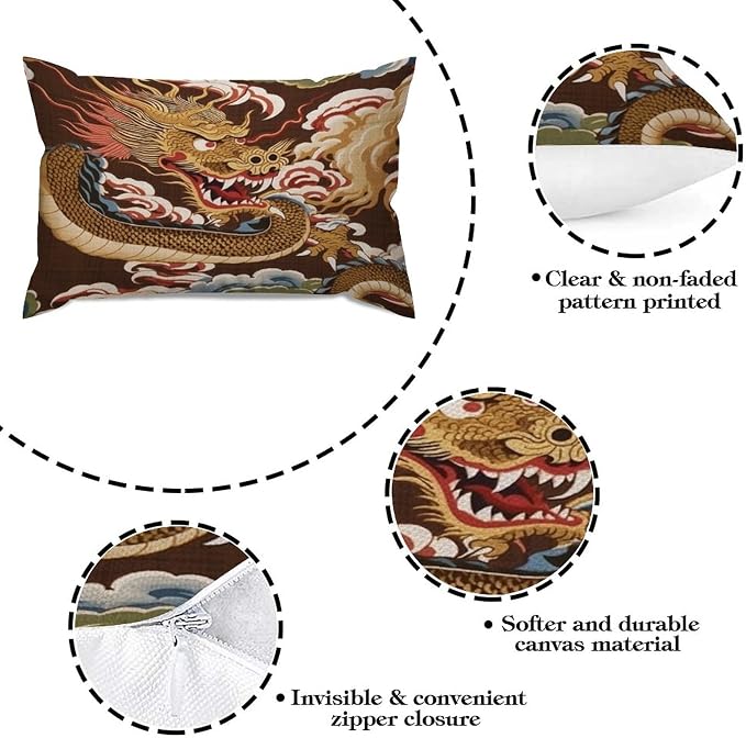 Set of 2 Chinese Oriental Style Asian Dragon Gold Pillow Covers 12x18in Farmhouse Canvas Cushion Covers Outdoor for Couch Chair Home Decor for Family Friends