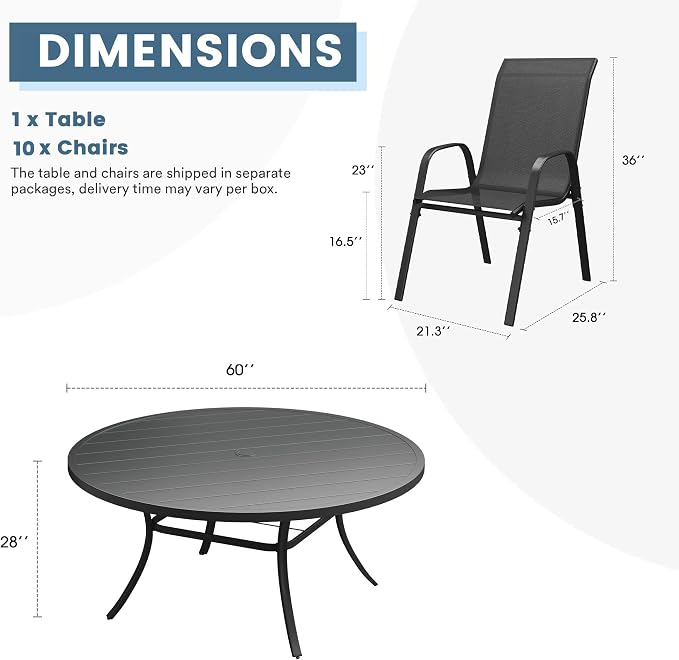 DIFY 11 Piece Outdoor Dining Set, 60" Black Round Metal Patio Table and Dark Grey Textilene Stackable Chairs for 10, All Weather Patio Furniture Set with Umbrella Hole for Backyard Garden Deck