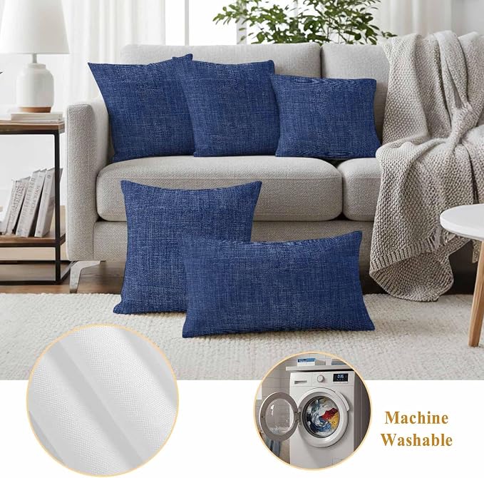 Outdoor Waterproof Throw Pillow Covers Set of 2 Navy Blue Linen Pillowcases 26x26 Inches Farmhouse Pure Color Decorative Pillows Cushion Case Patio Pillows for Couch Bed Chair Garden