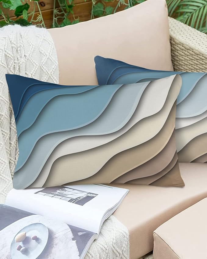 Outdoor Pillows 20x12 Waterproof Outdoor Pillow Covers, Ombre Stripes Blue Brown Polyester Throw Pillow Covers Garden Cushion Decorative Case for Patio Couch Decoration Set of 2, Abstract Striped