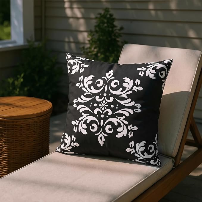 Adabana Outdoor Waterproof Floral Pillow Covers 18x18 Set of 4, Black | Waterproof Fabric Floral and Stripe Design for Patio, Couch, Garden Decor