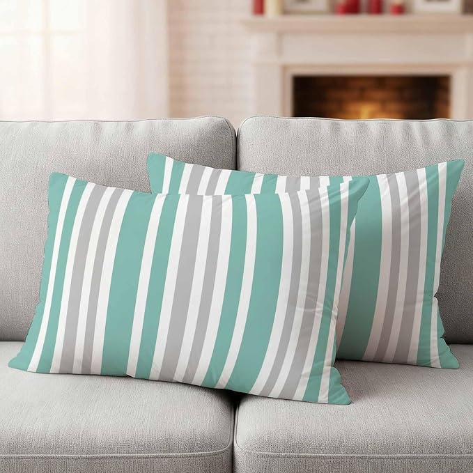Aqua Grey Stripe Outdoor Pillow Covers 20x12 Inch Lumbar Pillow Covers Set of 2 Waterproof Decorative Throw Pillow Cases Farmhouse Minimalist Striped Cushion Covers for Patio Furniture Garden Couch