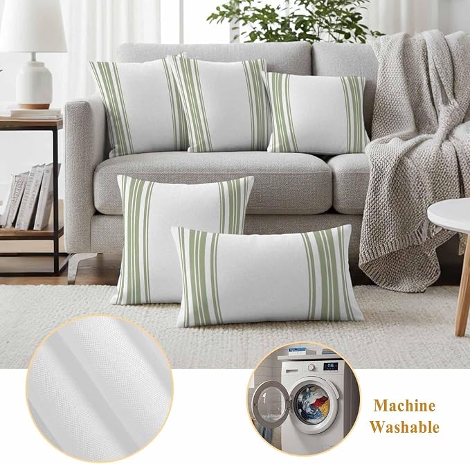 Outdoor Waterproof Throw Pillow Covers Set of 2 Sage Green Stripes Pillowcases 26x26 Inches White Vertical Striped Decorative Pillows Cushion Case Patio Pillows for Couch Bed Chair Garden
