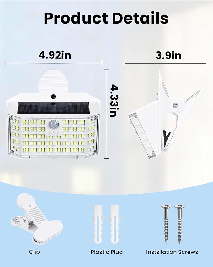 176LED Clip on Solar Lights Outdoor, 600LM Solar Motion Lights Outdoor with 180° Wide Angle, IP65 Waterproof Portable Solar Fence Lights Outdoor for Fence, Gutter, Garden, Camping, Patio White 4Pack