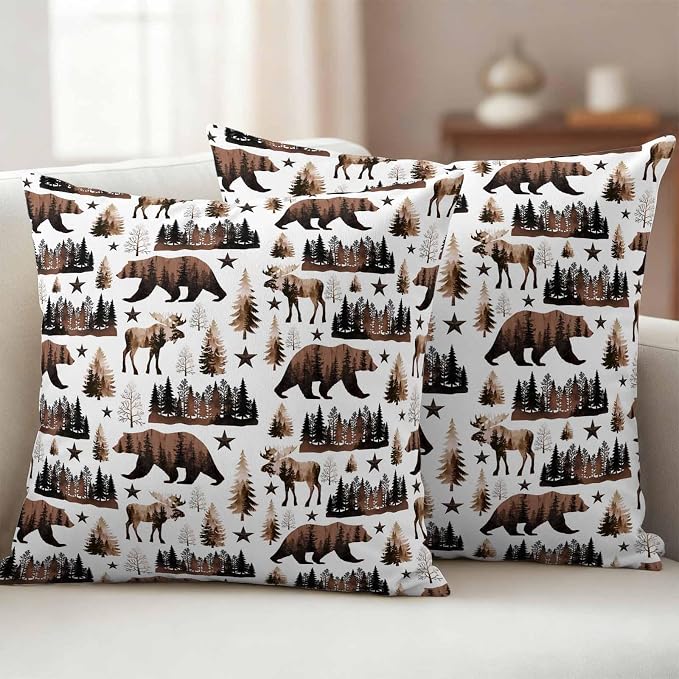 Brown Bear Elk Cabin Outdoor Pillow Covers 16x16 Inch Throw Pillow Covers Set of 2 Waterproof Decorative Pillow Cases Farmhousee Pine Tree Forest Cushion Covers for Patio Furniture Garden Couch Sofa