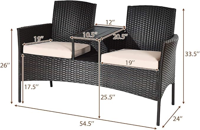 HAPPYGRILL Outdoor Loveseat with Removable Cushions and Coffee Table, Rattan Patio Wicker Conversation Set for Garden Lawn Backyard