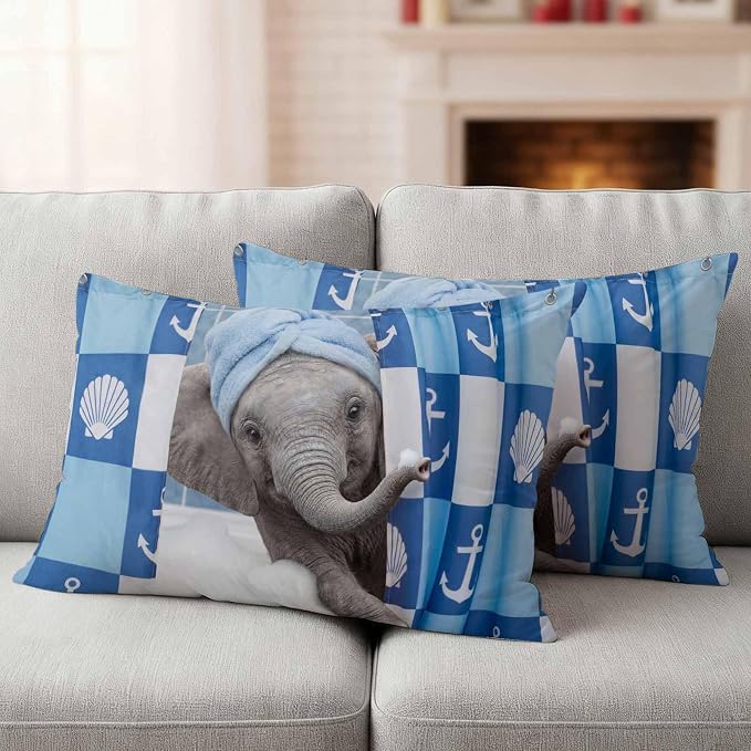 Bathing Elephant Waterproof Outdoor Pillow Covers Set of 2 Home Decor, Funny Animal Showering Lumbar Pillowcase Patio Pillow Covers for Couch Bench Patio Furniture Garden 20x12in