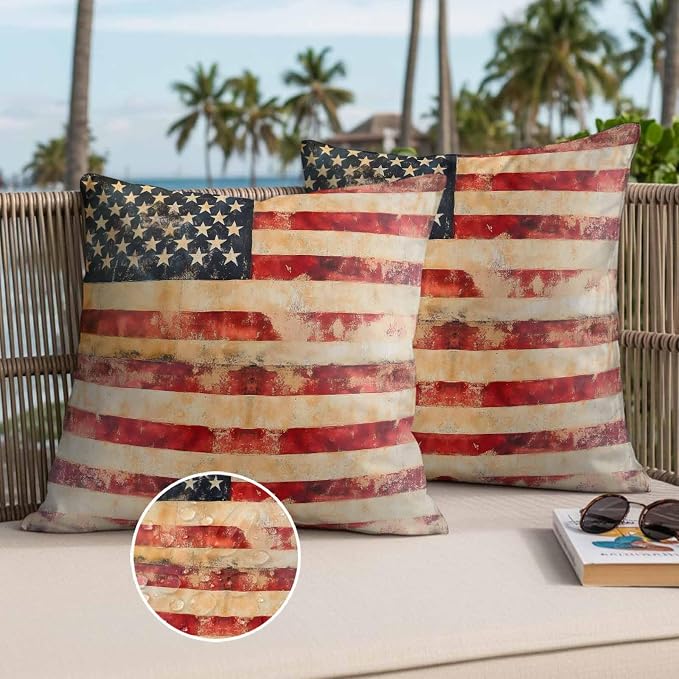 Independence Day Outdoor Pillow Covers 18"x18" Set of 2, Retro Country American Flag Waterproof Throw Pillow Covers for Patio Furniture, Decorative Cushion Covers for Porch