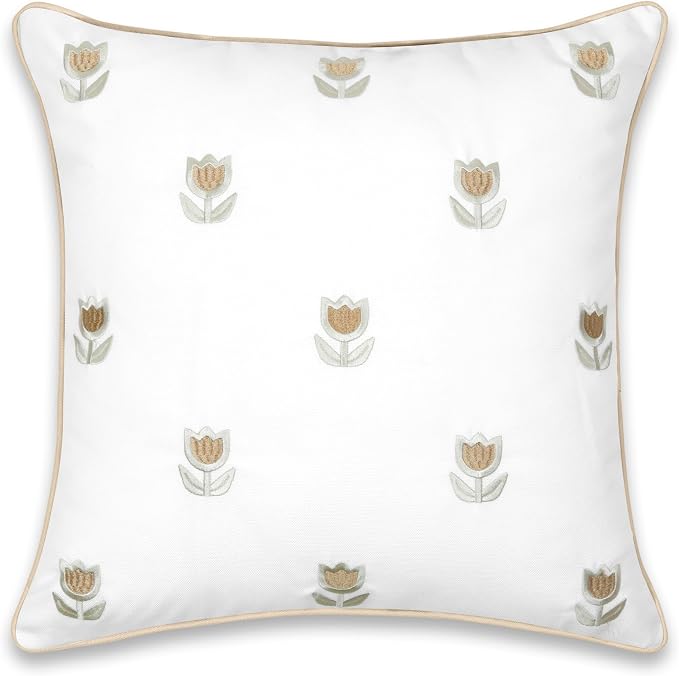 Hofdeco Premium Coastal Patio Indoor Outdoor Throw Pillow Cover Only, 20”x20” Water Repellent for Backyard, Couch, Tan Embroidered Tulips Floral with Piping