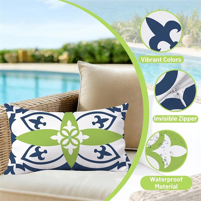 NIGHTWISH Outdoor Waterproof Pillow Covers 12x20 Set of 4 Green Boho Decorative Outdoor Throw Pillows Floral Cushion Cases for Patio Furniture Bench Couch Sunbrella