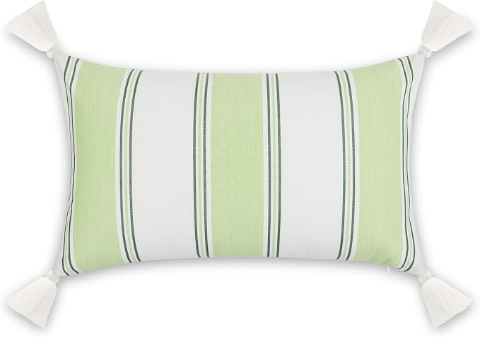 Hofdeco Premium Coastal Hampton Outdoor Performance Lumbar Pillow Cover Only, 12"x20" Water Repellent, UV and Fade Resistant for Backyard, Couch, Poolside, Grass Green Woven Harbor Stripes