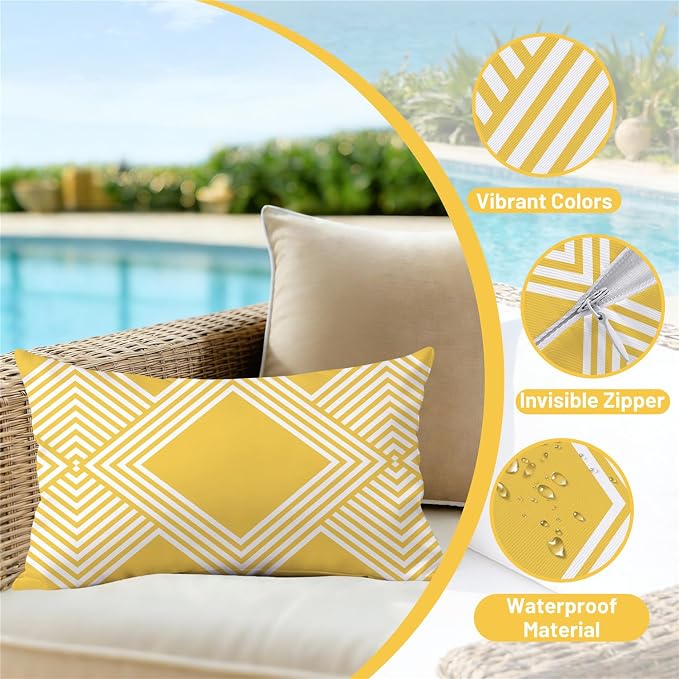 NIGHTWISH Outdoor Waterproof Pillow Covers 12x20 Set of 4 Yellow and White Modern Geometry Decorative Outdoor Throw Pillows Boho Cushion Cases for Patio Furniture Bench Couch Sunbrella