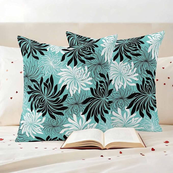 Yukro Teal Black Floral Outdoor Waterproof Pillow Covers Pack of 2, Vintage Teal White Black Flower Decorative Throw Pillowcases Cushion Covers for Garden Patio Tent Sofa Couch, 26x26 inch