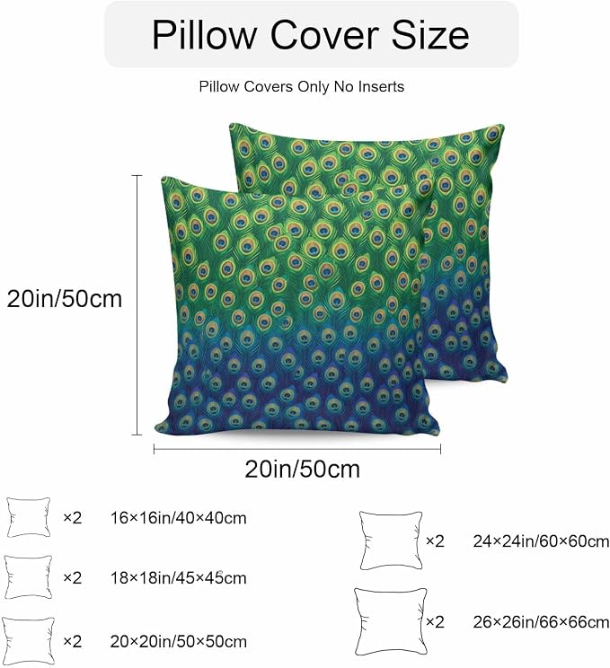 Peacock Feathers Outdoor Waterproof Pillow Covers, Ombre Blue Green Modern Animals Printed Decorative Square Throw Pillowcase Sofa Cushion Sham for Patio/Couch/Chair, 16"x16" 2 Pack